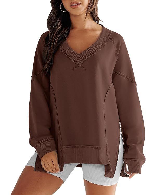 Caracilia Women Oversized Sweatshirts Hoodies V Neck Long Sleeve Drop Shoulder Winter Pullover Sh... | Amazon (US)