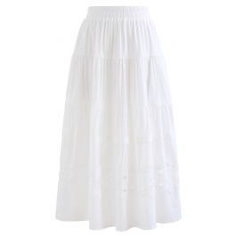 Crochet Cutwork Ruched Midi Skirt in White | Chicwish
