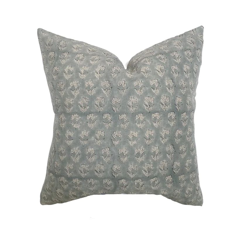 Mara | Dusty Blue Floral Handblock Pillow Cover | Linen & James