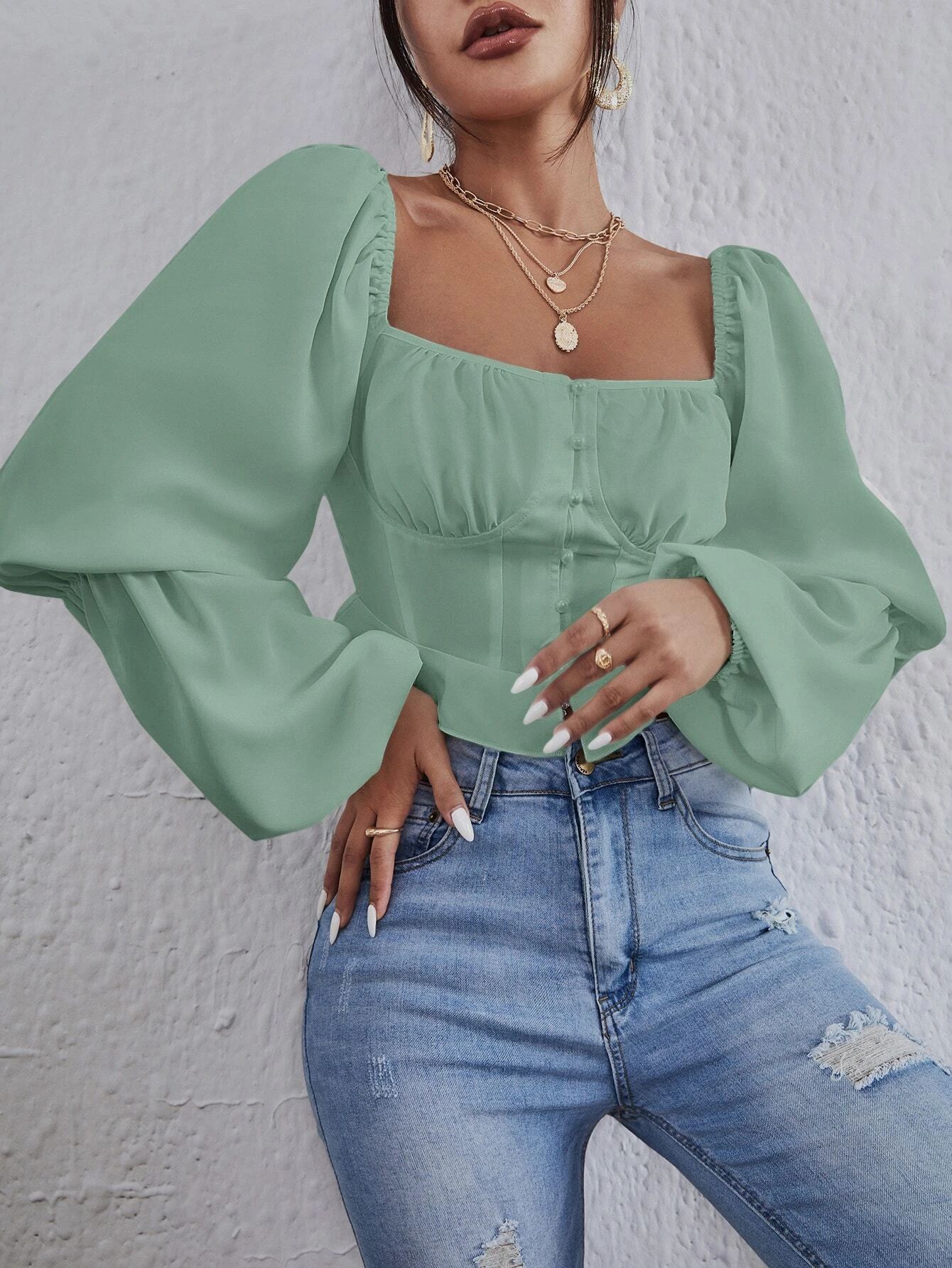 Square Neck Lantern Sleeve Ruched Crop Blouse | SHEIN