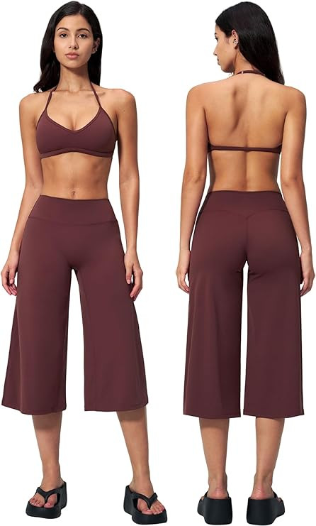 Womens Workout Sets Two Piece Spaghetti Straps Crop Top Matching Wide Leg Capri Pants Gym Work Pi... | Amazon (US)