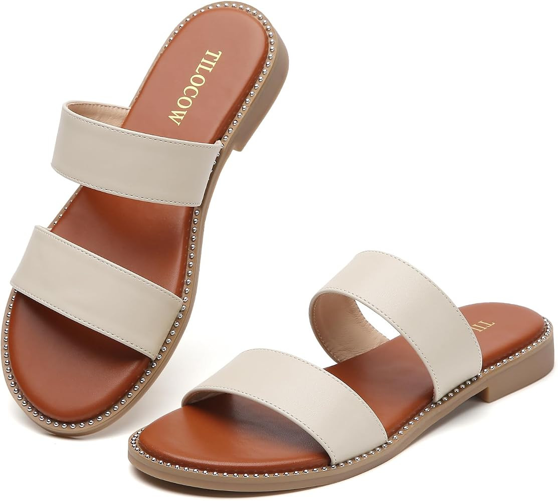 Tilocow Women's Flat Sandals with Rivets Inlaid Slip on Sandals Two Strap Casual Summer Slide Sho... | Amazon (US)