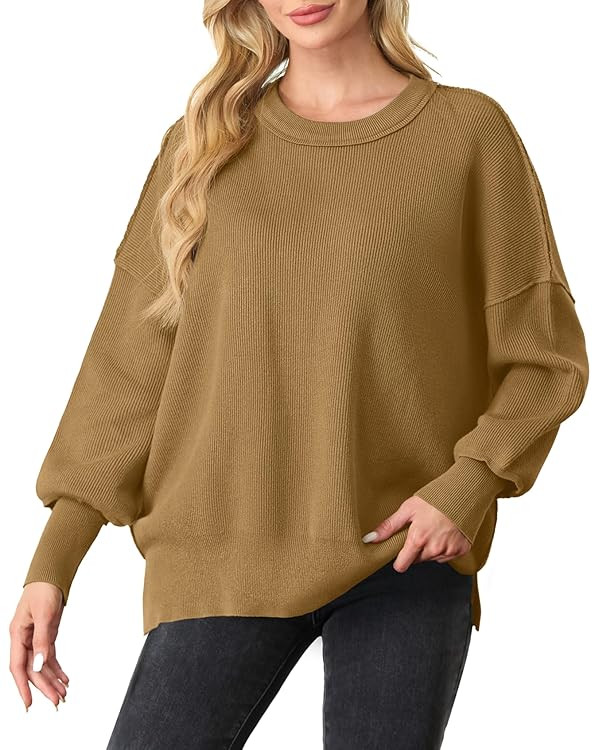 Womens Crewneck Batwing Long Sleeve Sweaters Fall 2024 Oversized Side Slit Ribbed Knit Sweaters P... | Amazon (US)