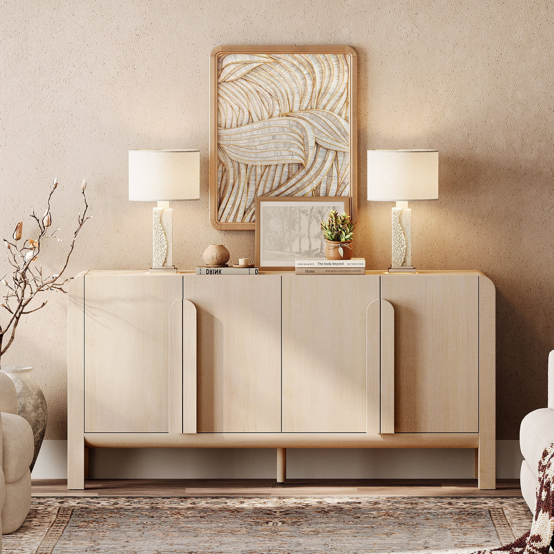 63" Accent Cabinet with 4 Doors and Adjustable Shelves, Modern Credenza Storage Cabinet with Curv... | Walmart (US)