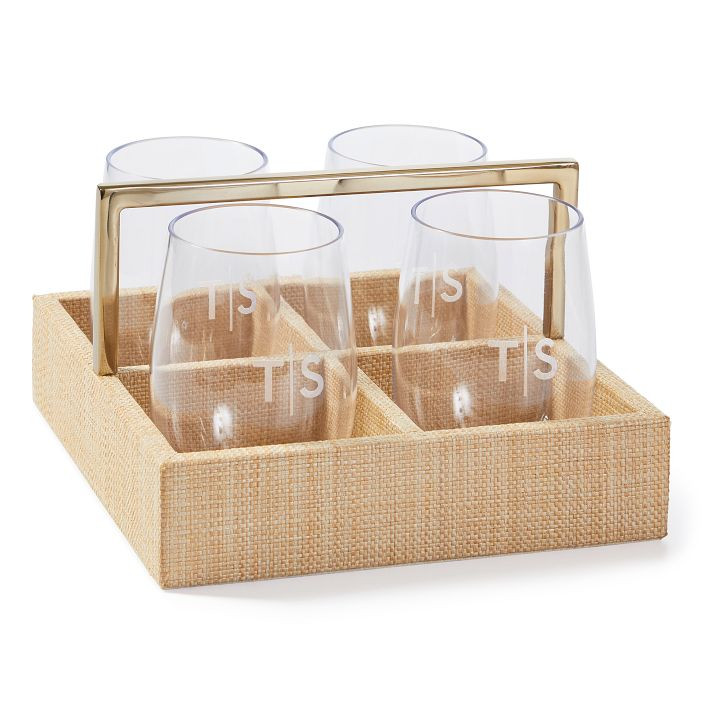 Raffia Drink Caddy and Outdoor Stemless Glasses Set | Mark and Graham