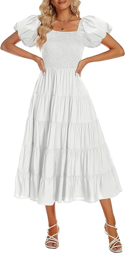 Funlingo Women's 2023 Summer Puff Short Sleeve Midi Dress Casual Square Neck Smocked Flowy A Line... | Amazon (US)