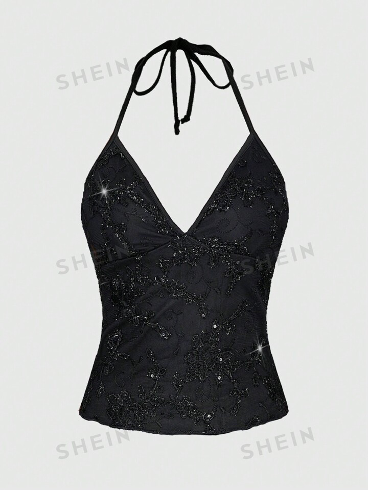 ROMWE Fairycore Summer Fashion Mesh Sequin Embroidered Floral Vine Halter Top | SHEIN