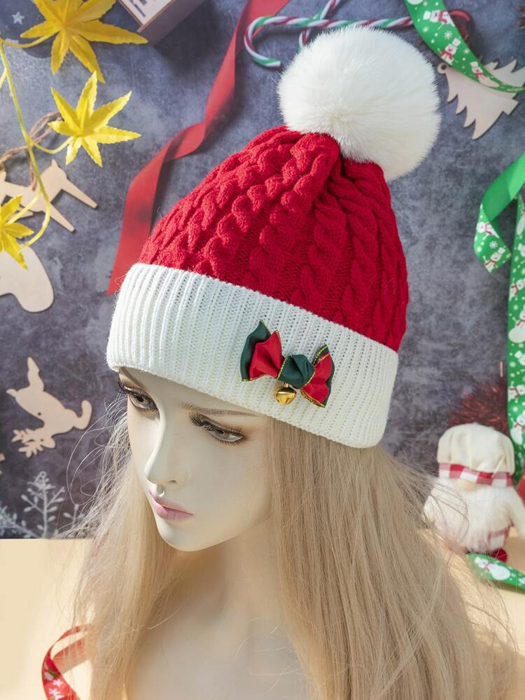 Christmas Bow & Pompom Decor Cuff Beanie | SHEIN
