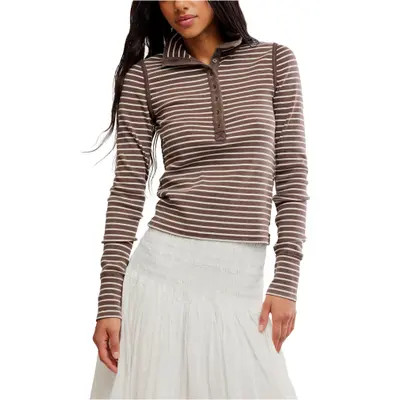 Free People Lake Stripe Rib Henley in Cinnamon Combo at Nordstrom, Size Medium | Nordstrom