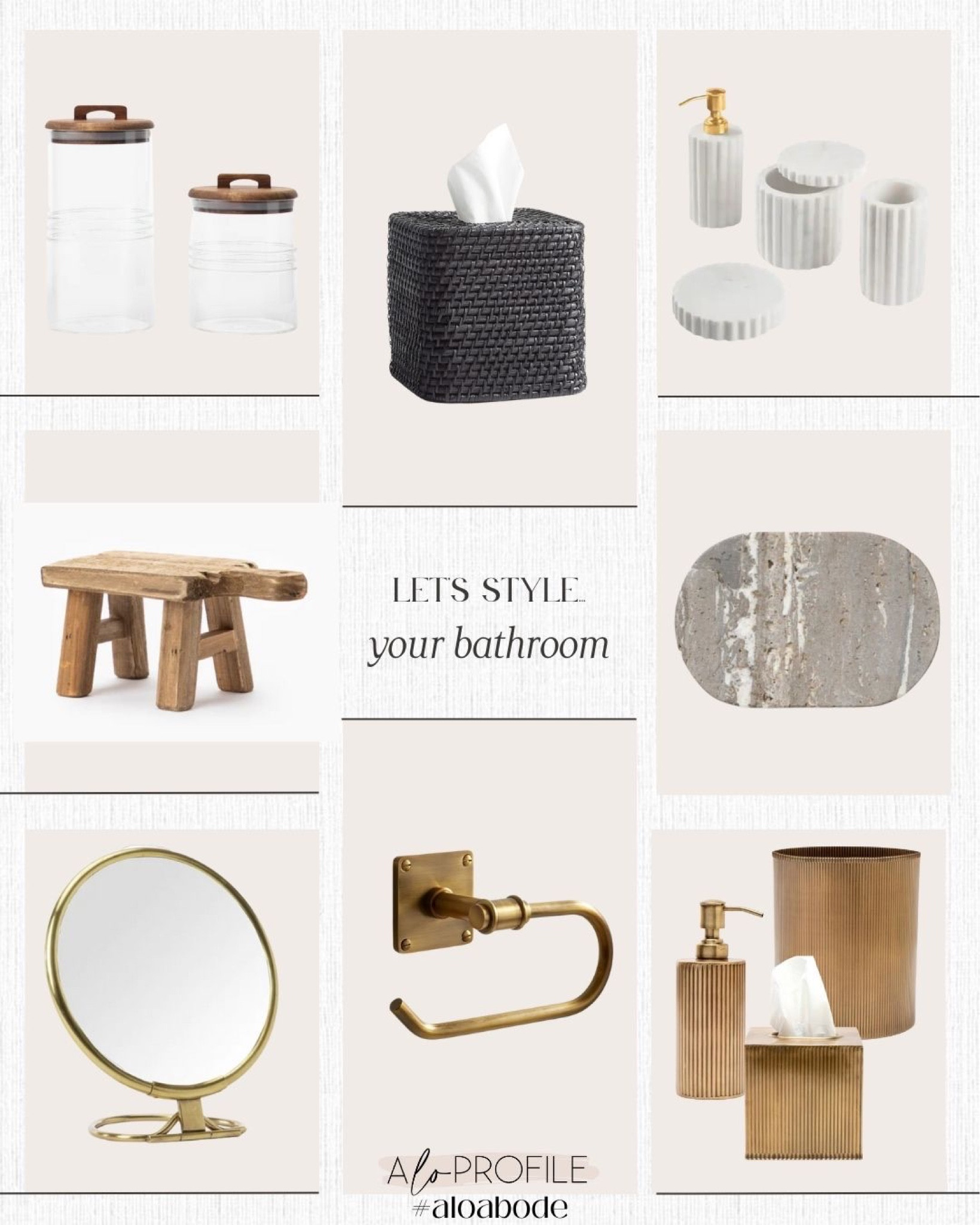 Bathroom Accessories / counter top decor, soap dispensers, soap dish, vanity mirror, bathroom storage, tissue box cover, bathroom hardware, wood accents, brass bathrom decor, masculine bathroom decor, soften bathroom decor, chic bathroom decor

#LTKhome