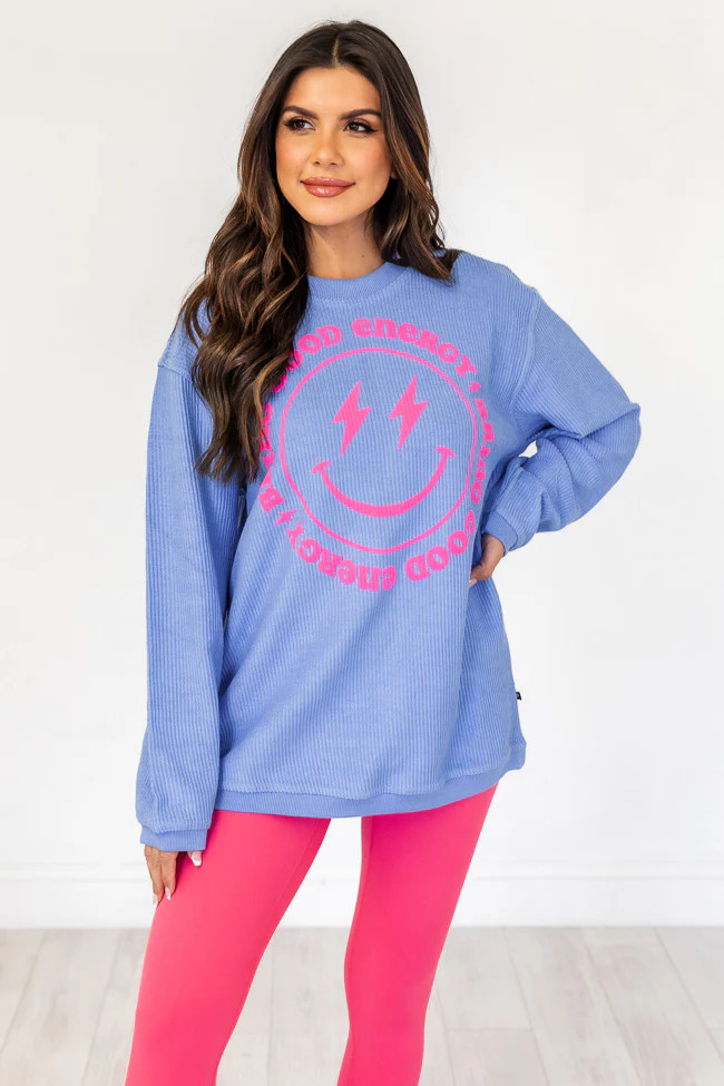Bring Good Energy Puff Blue Corded Graphic Sweatshirt | Pink Lily