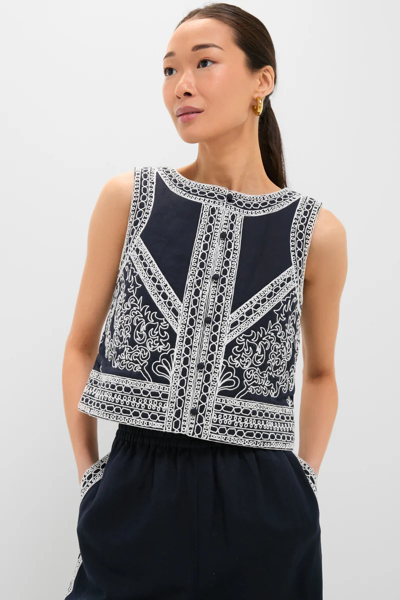 Navy and White Embroidered Luna Top | Tuckernuck (US)