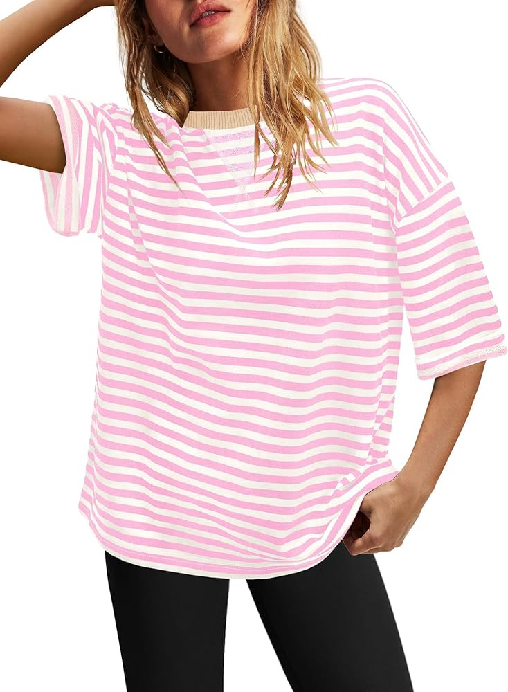 SENSERISE Womens Summer Tops Short Sleeve Sweatshirt Crewneck Striped T Shirt Oversized Basic Tee... | Amazon (US)