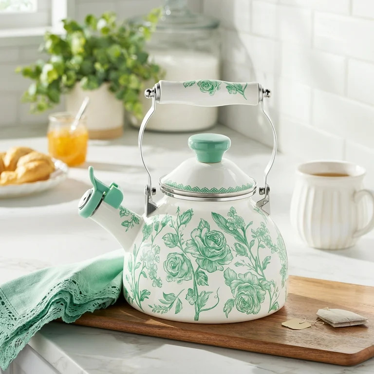 The Pioneer Woman Agatha Enamel on Steel 1.8-Quart Whistling Tea Kettle, Green | Walmart (US)