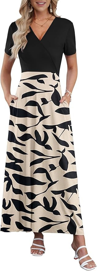 AUSELILY Maxi Dresses for Women Ankle Length Floral Print Beach Long Flowy Dress with Pockets | Amazon (US)