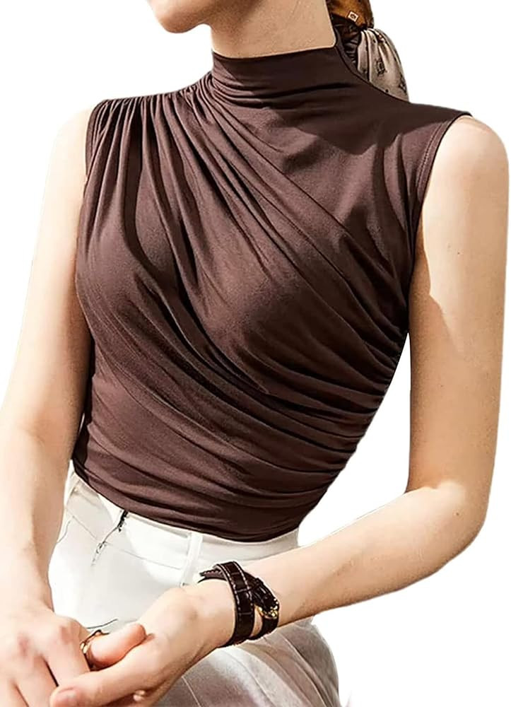 Avanova Women Fitted Sleeveless Ruched Tank Top Shirt Mock Turtleneck Blouses | Amazon (US)