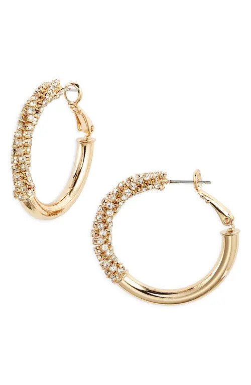 Nordstrom Polished Rhinestone Tube Hoop Earrings in Clear- Gold at Nordstrom | Nordstrom