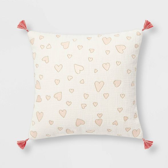 Embroidered Mini Hearts Valentine&#39;s Day Square Throw Pillow White/Blush - Threshold&#8482; | Target
