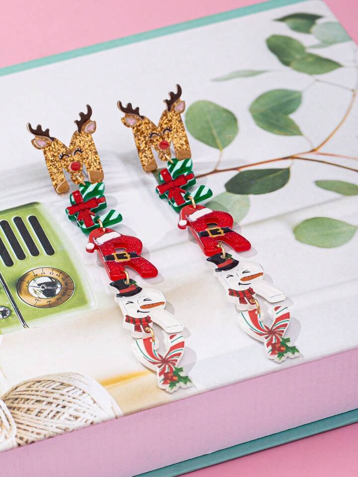 1pair Fashionable Gold Foil Acrylic Long Drop Earrings, Cartoon Style Multicolor Letter Design, S... | SHEIN