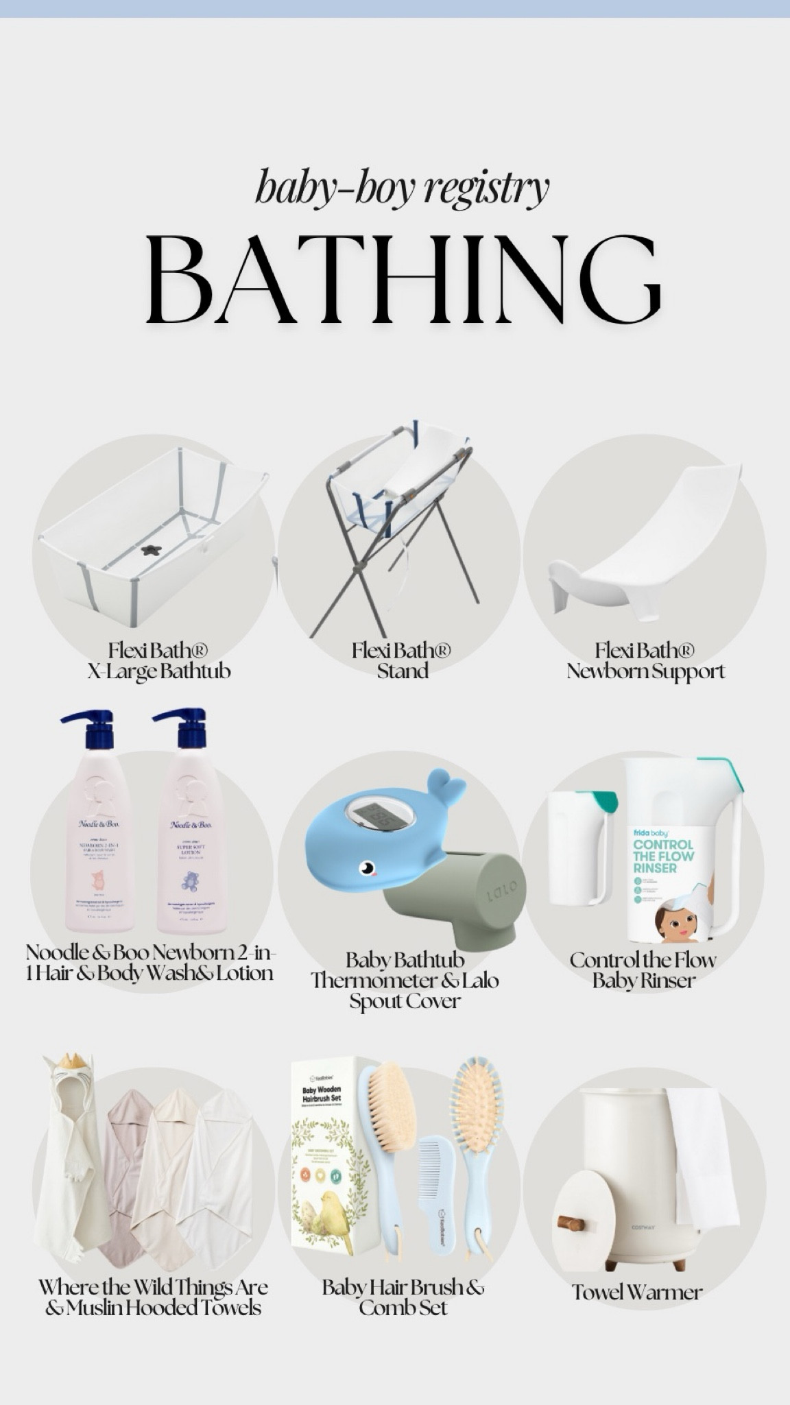 Baby registry essentials for first-time moms to a baby boy, bathing edition! I asked expert moms what their essentials were, and this is what they said! Stokke bath set, including the stand, this is HUGE for families who don't have a bath in their house, or for moms and dads who have bad backs—instead of leaning over a deep tub, you can bathe baby while standing up, we plan on putting it in our shower. Other essentials include newborn bath wash and lotion, tub thermometer, tub spout cover, soft muslin wash cloths, cozy towels, and a towel warmer to keep baby sweet and cozy after baths. Don't forget a brush and comb set to help with pesky cradle cap! 

#LTKBump #LTKBaby #LTKKids