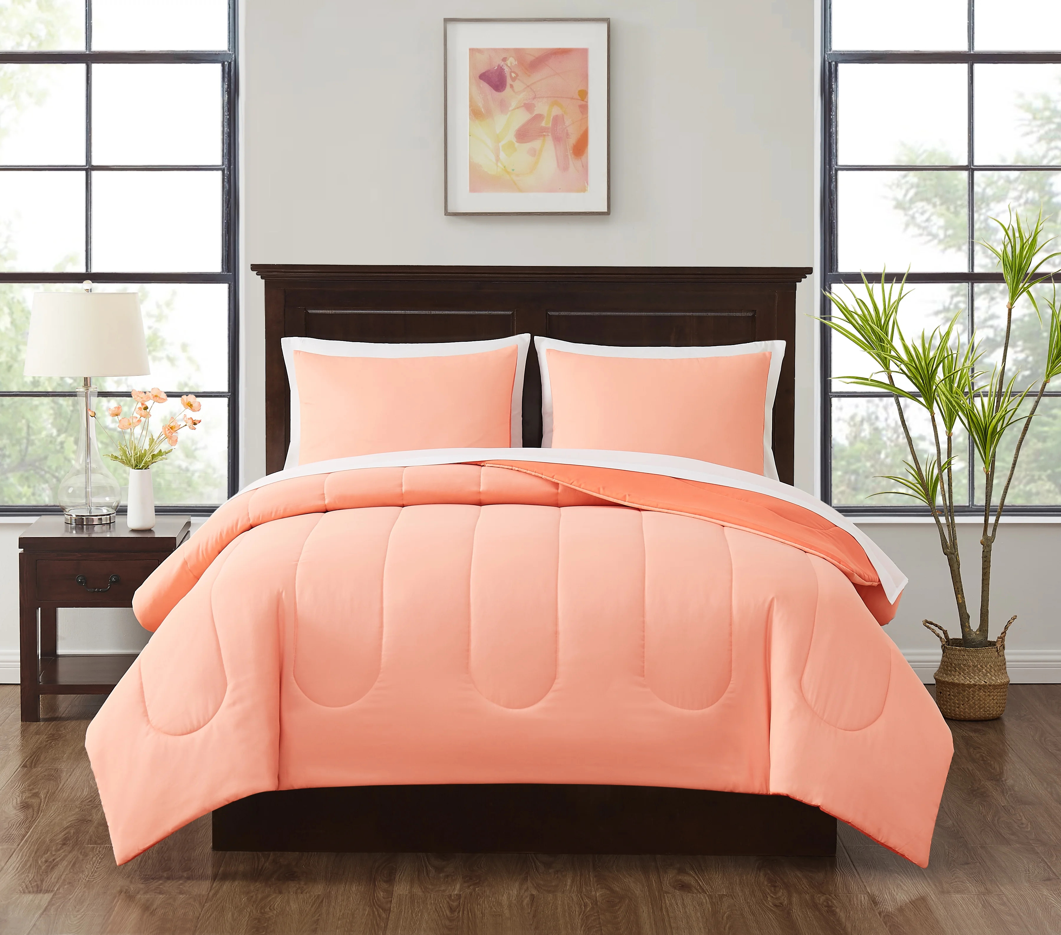 Mainstays 7 Piece Reversible Bed in a Bag Comforter Set with Sheets, Coral, Queen | Walmart (US)