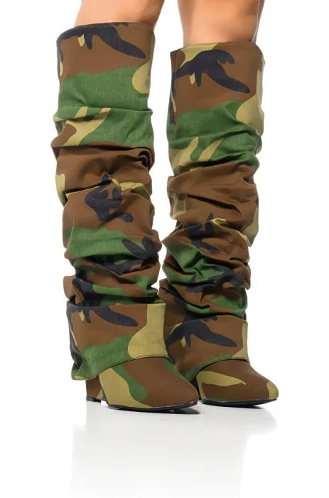 AZALEA WANG ZUMMA CAMO RUCHED WEDGE BOOT | AKIRA