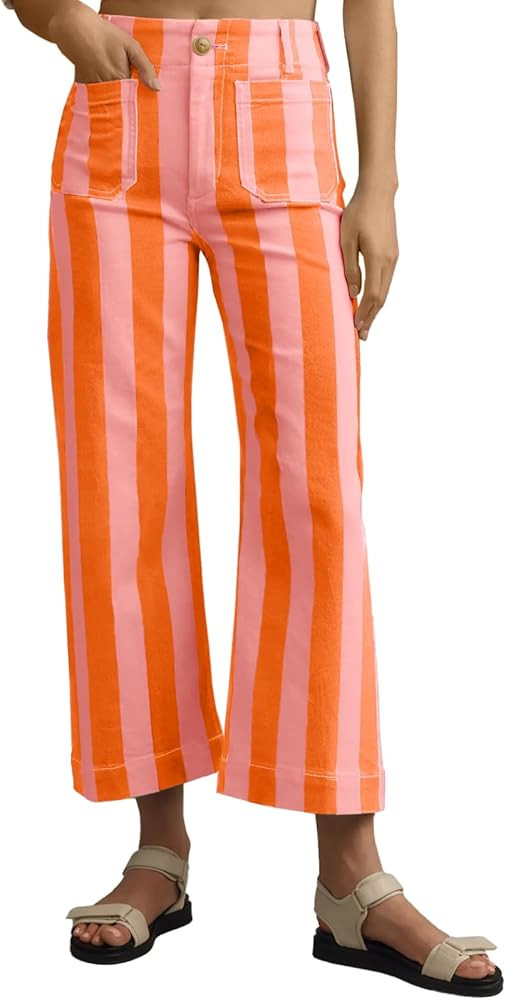 Tankaneo Womens Cropped Striped Jeans Casual High Waisted Stretchy Polka Dots Straight Leg Denim ... | Amazon (US)