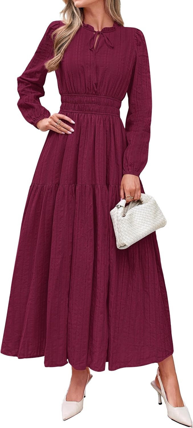dowerme Women Casual Long Sleeve Ruffle Cotton Maxi Dress | Amazon (US)