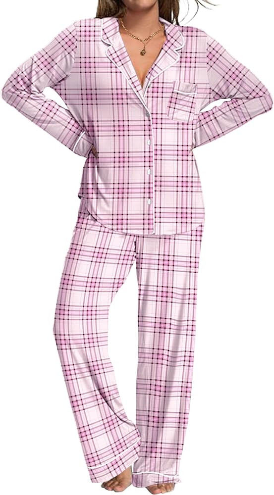 Ekouaer Womens Pajama Sets Plaid Printed Pjs Sets Button Down Long Sleeve Sleepwear Set Soft Loun... | Amazon (US)