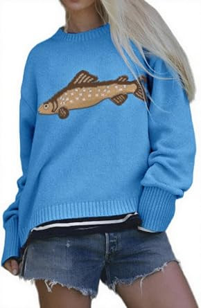 CHARTOU Women Fashion Crew Neck Rib Knit Crucian Carp Graphic Oversized Y2k Pullover Sweater Jumper | Amazon (US)