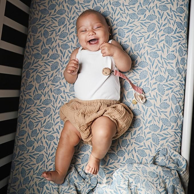 mushie Extra Soft Muslin Fitted Crib Sheet | 192 Thread Count | 28"x 52" (Blue Flowers) | Amazon (US)