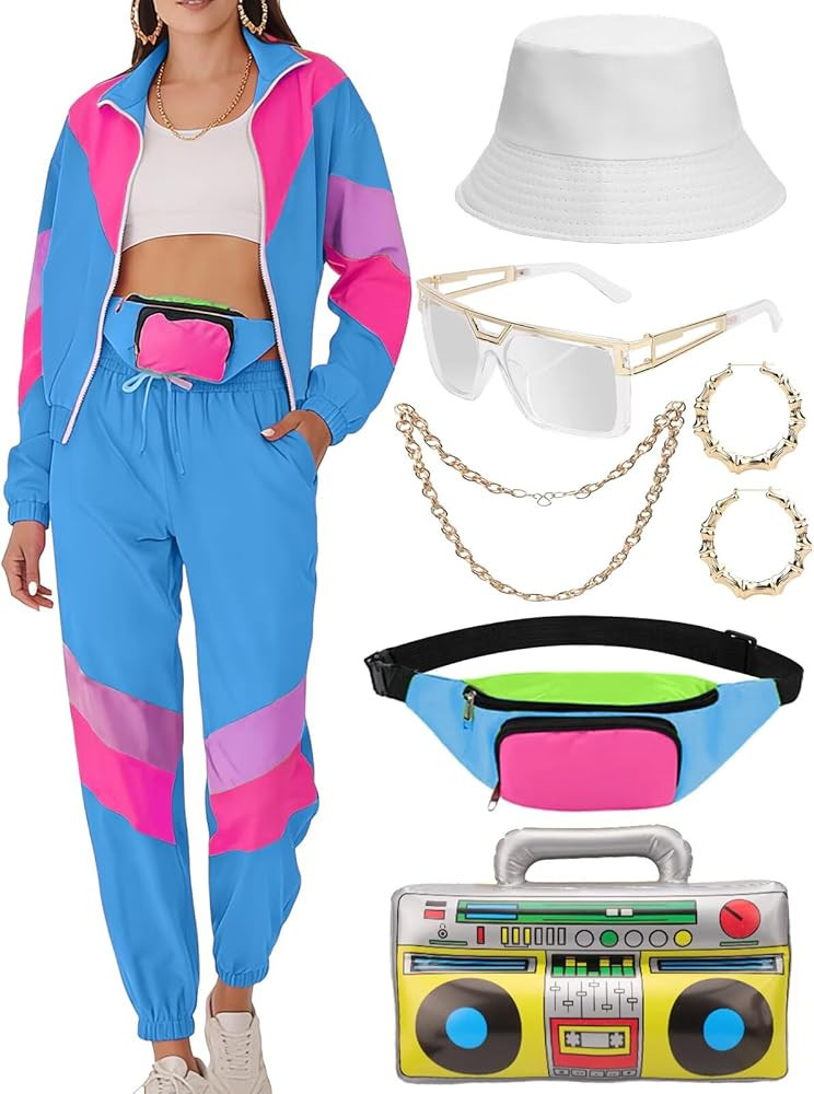 VillbeCoser Women's 80s 90s Outfits Tracksuit Costume Accessories Set, Color Block Windbreaker Ja... | Amazon (US)