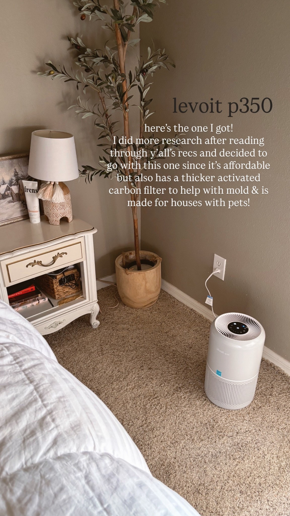 The air purifier I ended up getting! The levoit p350 in grey! 

I went with this one bc it says it has a thicker activated carbon filter to help with mold & other things than the cheaper version! So far I like it! Our room definitely smells fresher!

#LTKFamily #LTKHome