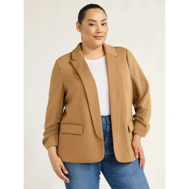 Scoop Women's and Women's Plus Relaxed Scuba Knit Stretch Blazer with Scrunch Sleeves, Sizes XS-4... | Walmart (US)