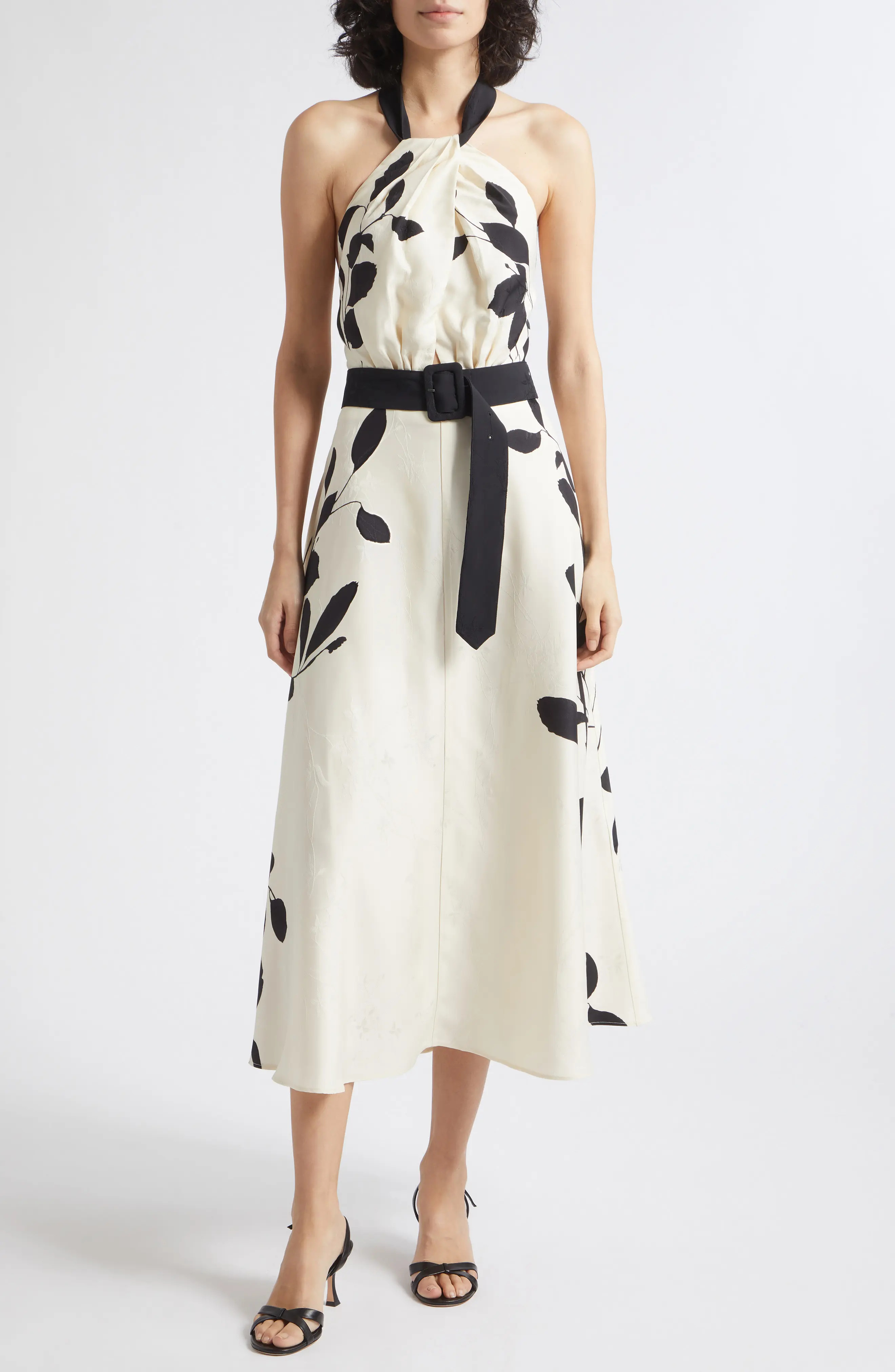 Reiss Libby Floral Jacquard Halter Neck Midi Dress in Ivory/Black at Nordstrom, Size 8 Us | Nordstrom