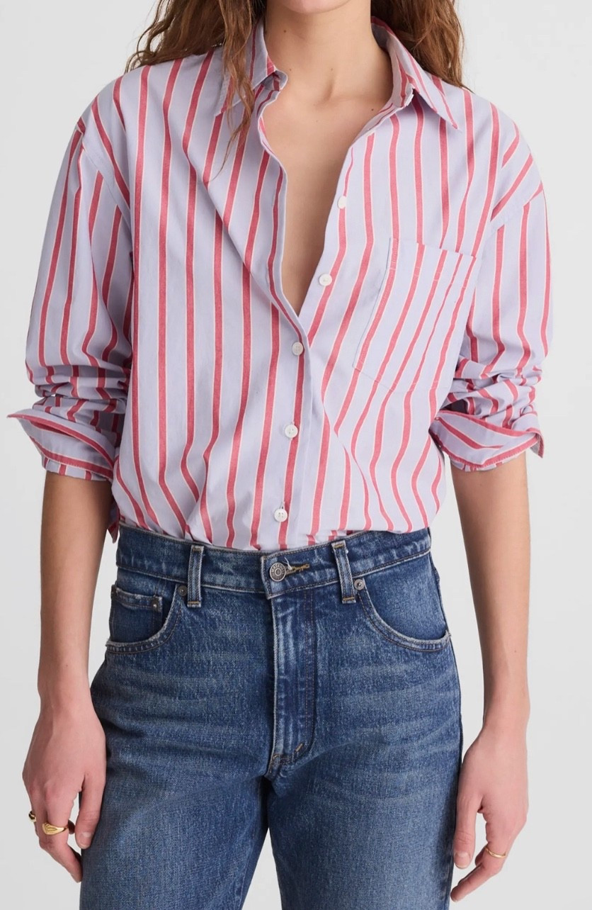 Stripe button down 
Jeans 

#LTKSeasonal #LTKFindsUnder100