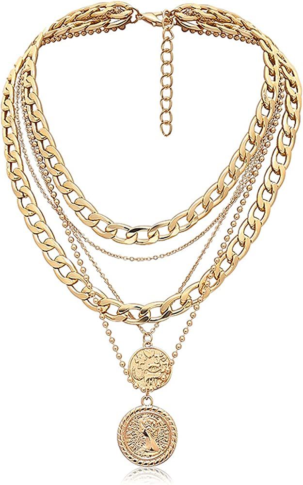 MJartoria Layered Necklaces for Women Retro Coin Pendant Gold Chain Necklaces Dainty Chunky Link Cha | Amazon (US)
