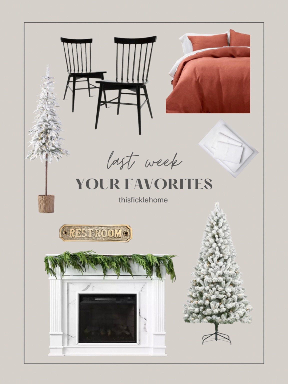 Flocked Christmas tree, narrow flanked tree, burnt orange duvet cover and shams, black dining tables, Norfolk pine garland, holiday decor.

#LTKSeasonal #LTKhome #LTKHoliday
