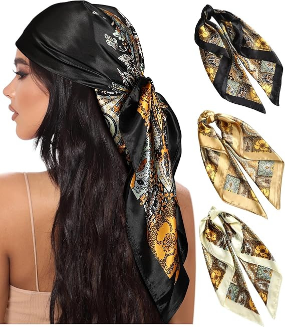AWAYTR 35” Large Square Satin Head Scarf - 3Pcs Satin Hair Scarves Silk Bandana Scarf Headscarf... | Amazon (US)