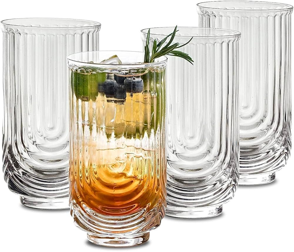 INSETLAN Vintage Glassware Arch Design Glass cups Set of 4, Fashioned Ripple Glassware Highball G... | Amazon (US)