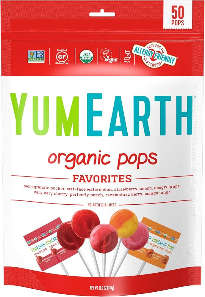 YumEarth Organic Fruit Flavored Pops, 50 Lollipops, Allergy Friendly, Gluten Free, Non-GMO, Vegan... | Amazon (US)