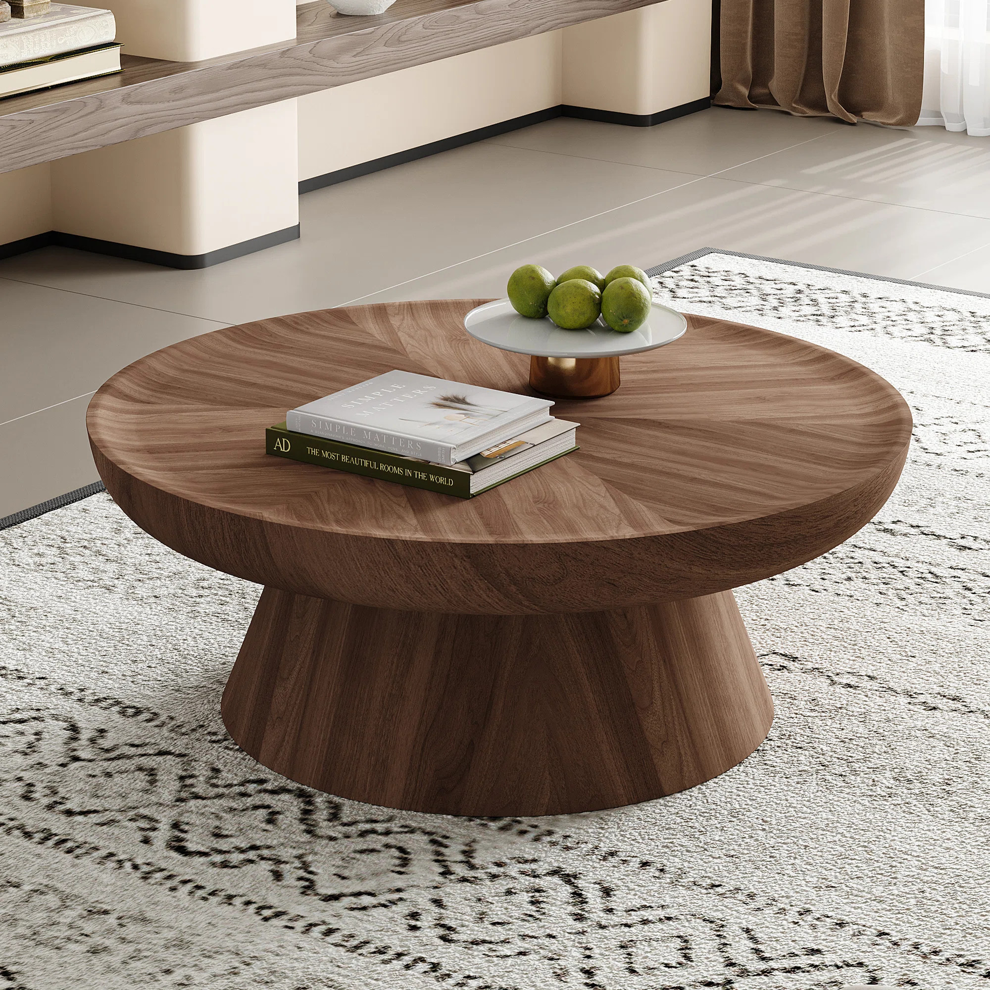 Mid - Century Modern Round Coffee Table, 35.4” Walnut Wood Center Table with Pedestal Base, Sty... | Wayfair North America
