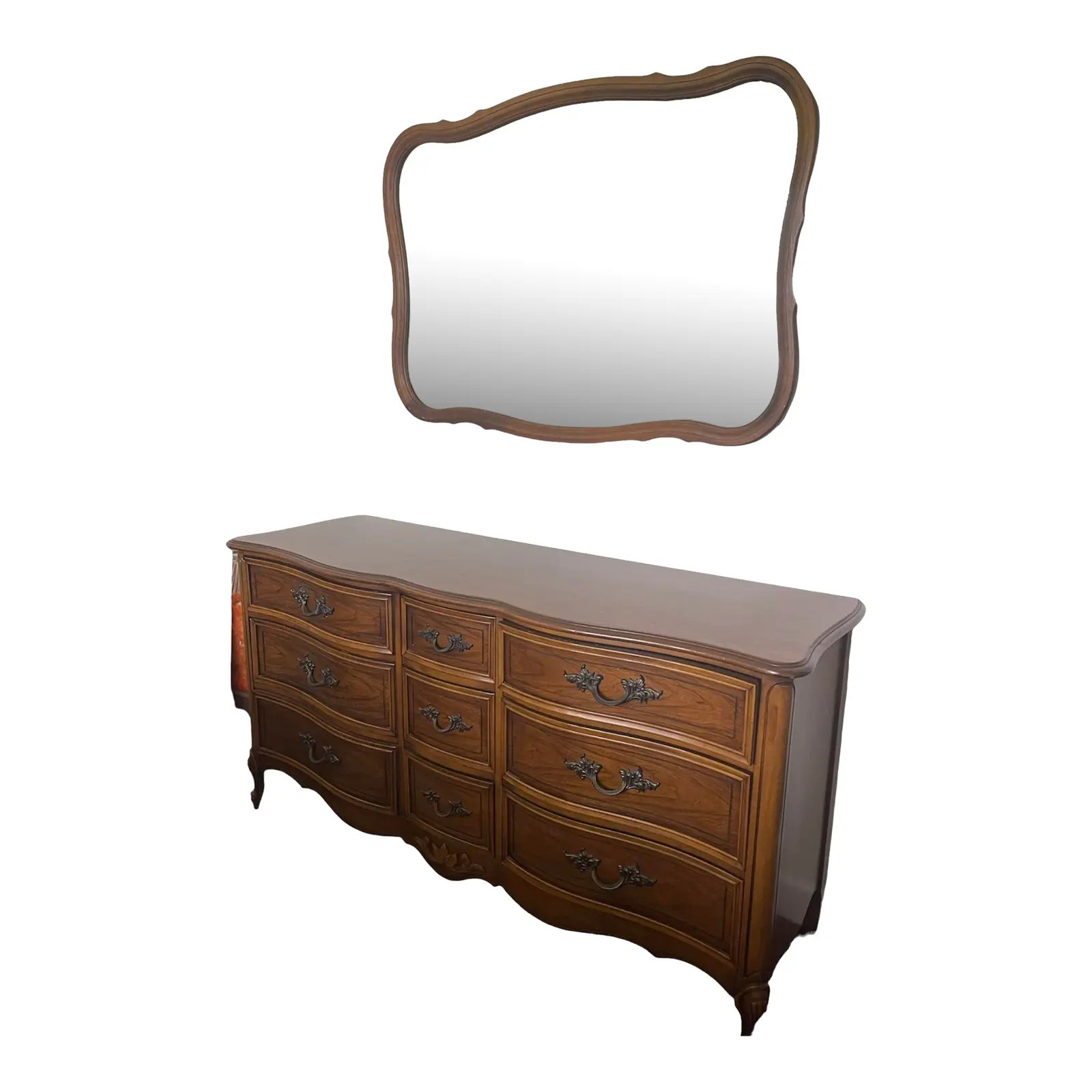 1970s Vintage Dixie French Provincial Walnut 9-Drawer Dresser and Mirror | Chairish
