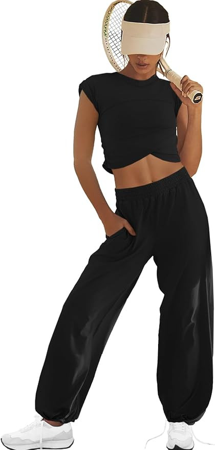 Womens Loungewear Set 2 Piece Outfits Sets Cropped Tops and Wide Leg Pants with Pockets Tracksuit | Amazon (US)