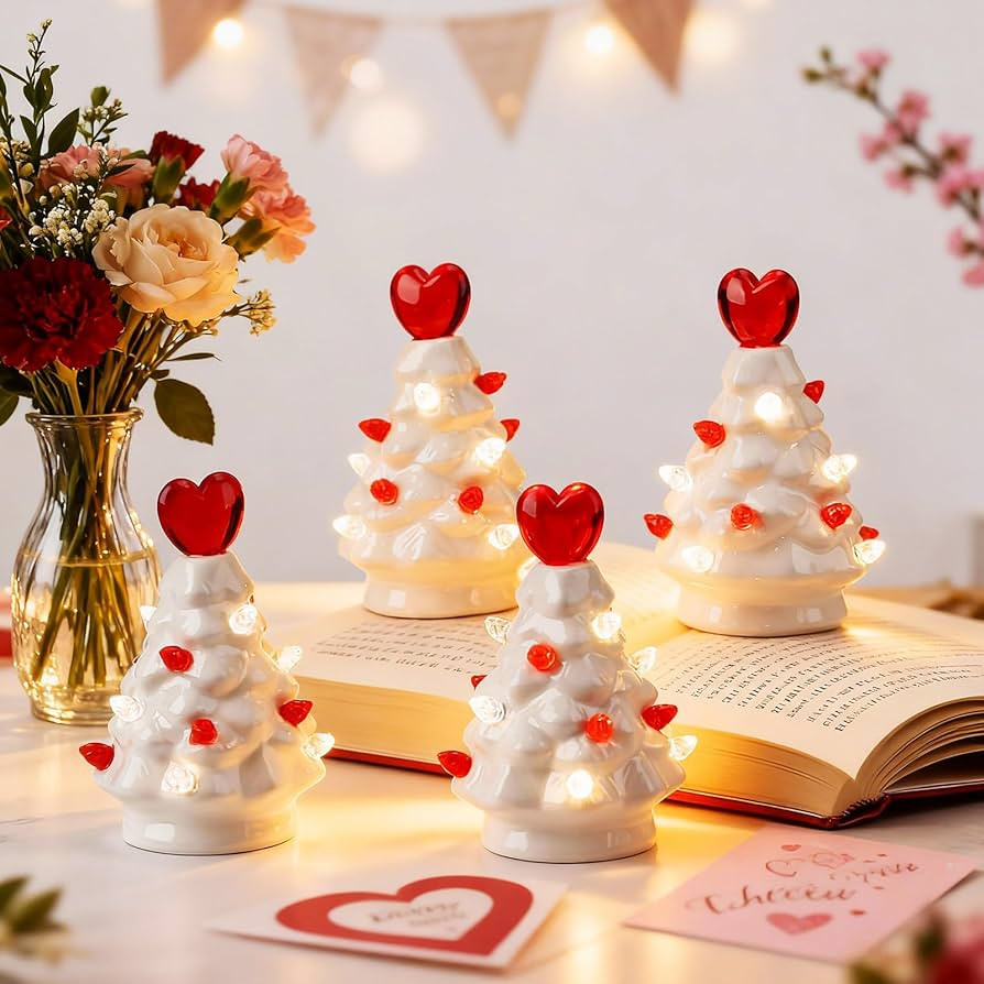 Leinuosen 6 Set Mini 4 Inch Ceramic Valentine's Day Tree Ornament with LED Lights Valentine Tree ... | Amazon (US)