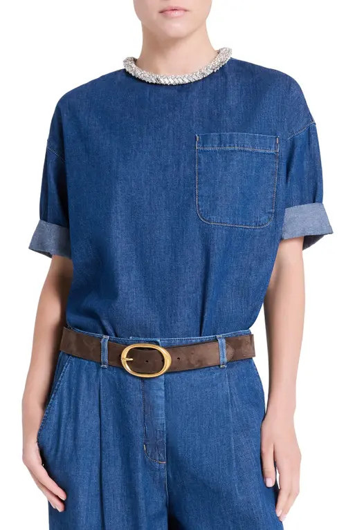 TWP Ex T Crystal Collar Denim Shirt in Dark Stone at Nordstrom, Size Petite | Nordstrom