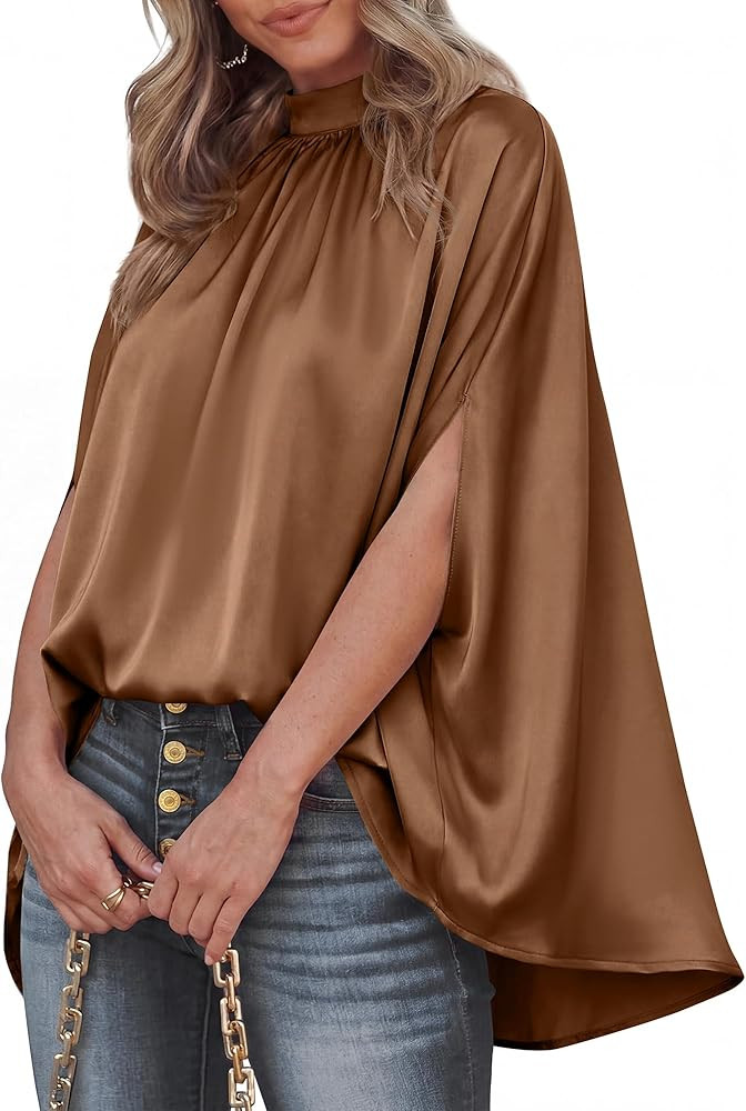BTFBM Womens Summer Tops 2026 Mock Neck Batwing Sleeve Silk Satin Shirts Loose Oversized Dressy C... | Amazon (US)