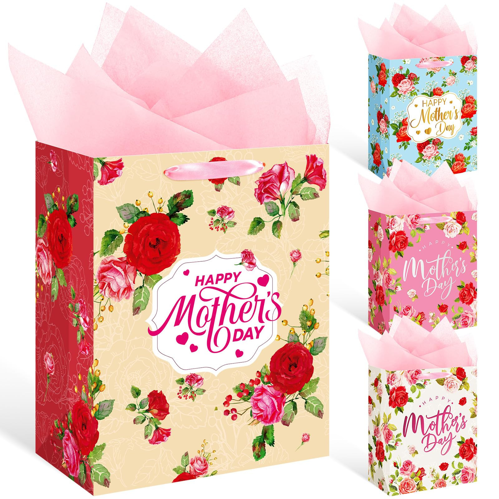 4 Pcs 13" Large Mother's Day Gift Bags and Tissue Paper Happy Mothers Day Gift Bag with Handles B... | Amazon (US)
