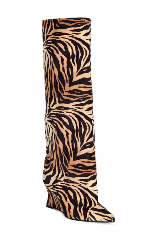 AZALEA WANG Knee High Animal Print Wedge Boot in Orange Multi at Nordstrom, Size 8 | Nordstrom