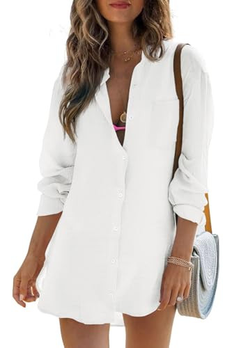 Womens Beach Cover Up Button Down Shirts Summer Cotton Gauze Tops Long Sleeve Bikini Swimsuit | Amazon (US)